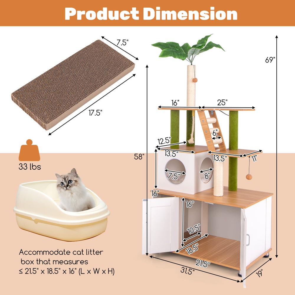 Hidden cat washroom with cat tower features sisal scratching posts and cozy condo for indoor cats, promoting privacy.