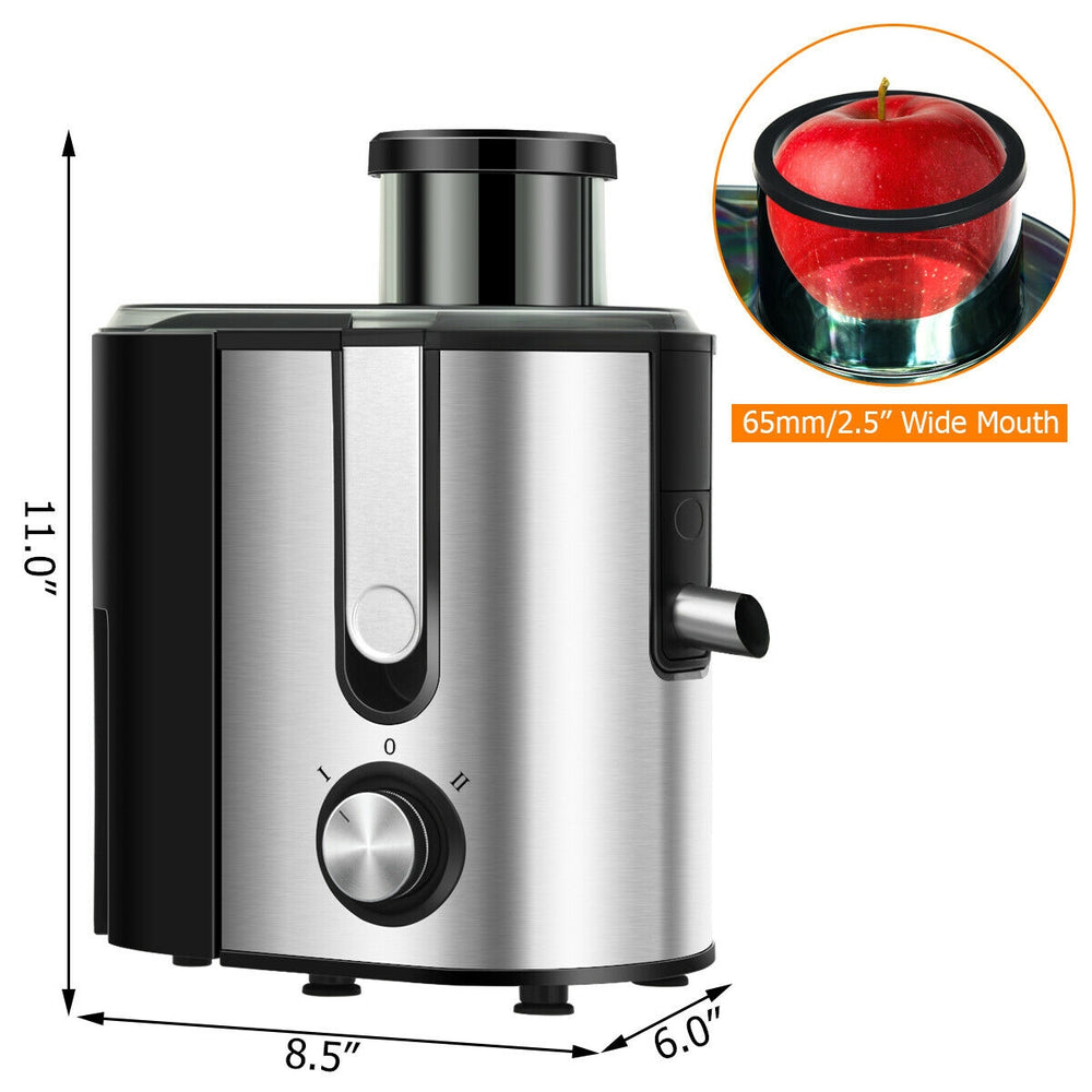 Centrifugal juicer machine with 2.5" wide feed chute, dual-speed control, and anti-drip outlet for easy juicing.