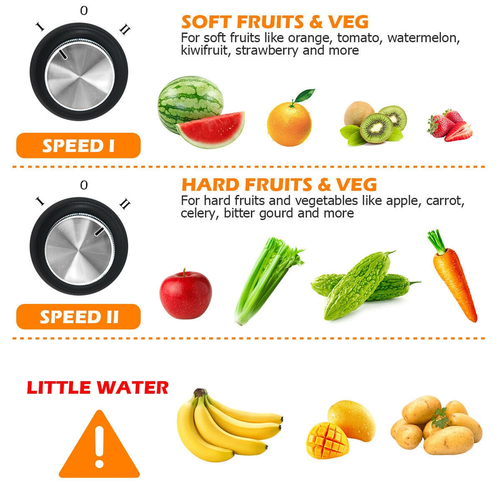 Centrifugal juicer machine with dual speed settings for soft and hard fruits, featuring a 2.5" wide feed chute.