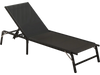 Black foldable chaise lounge chair with adjustable backrest, perfect for patios and outdoor relaxation.