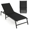 Foldable black chaise lounge chair with adjustable backrest, perfect for patios and outdoor relaxation.
