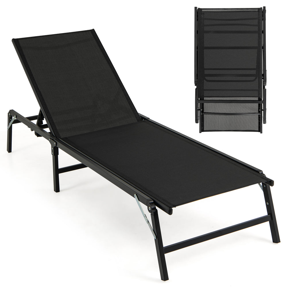 Foldable black chaise lounge chair with adjustable backrest, perfect for patios and outdoor relaxation.