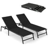 Foldable black chaise lounge chairs set, showcasing sturdy metal legs and breathable fabric, ideal for outdoor lounging.