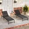 Set of 2 black foldable chaise lounge chairs with adjustable backrests, perfect for patios and outdoor relaxation.