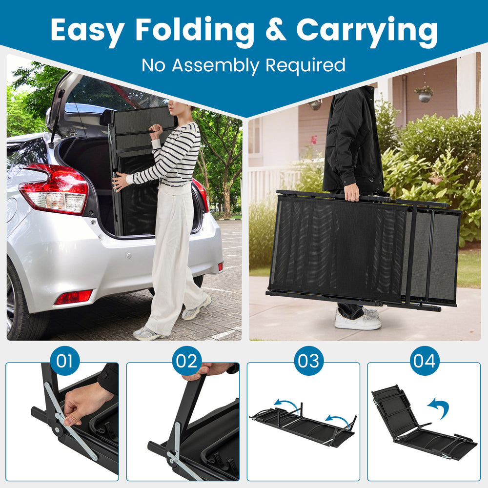 Foldable black chaise lounge chair set with adjustable backrest, perfect for patios and outdoor relaxation.