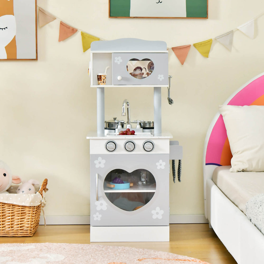 Toddler Chef Pretend Kitchen Playset with sink and stove, double-sided design, solid pine wood, and rich accessories.
