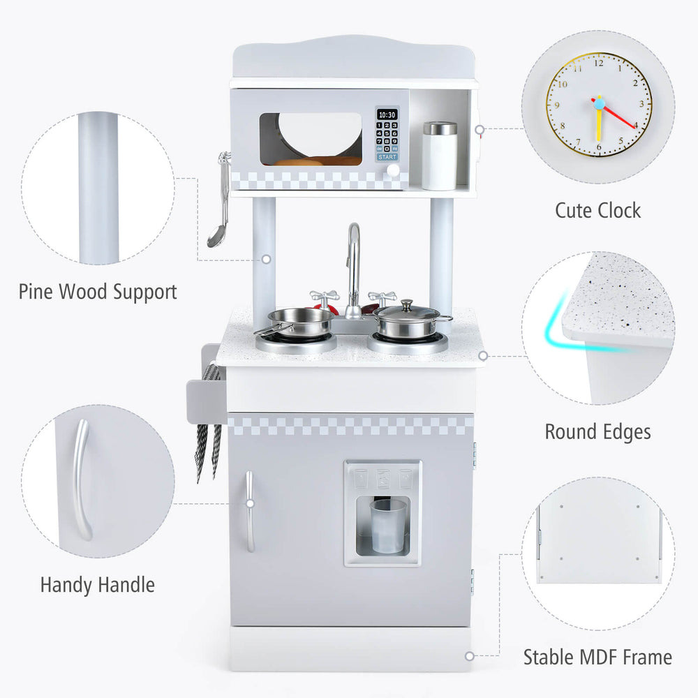 Chef pretend kitchen playset with cooking oven, sink, and ice dispenser for toddlers, featuring solid pine wood support.