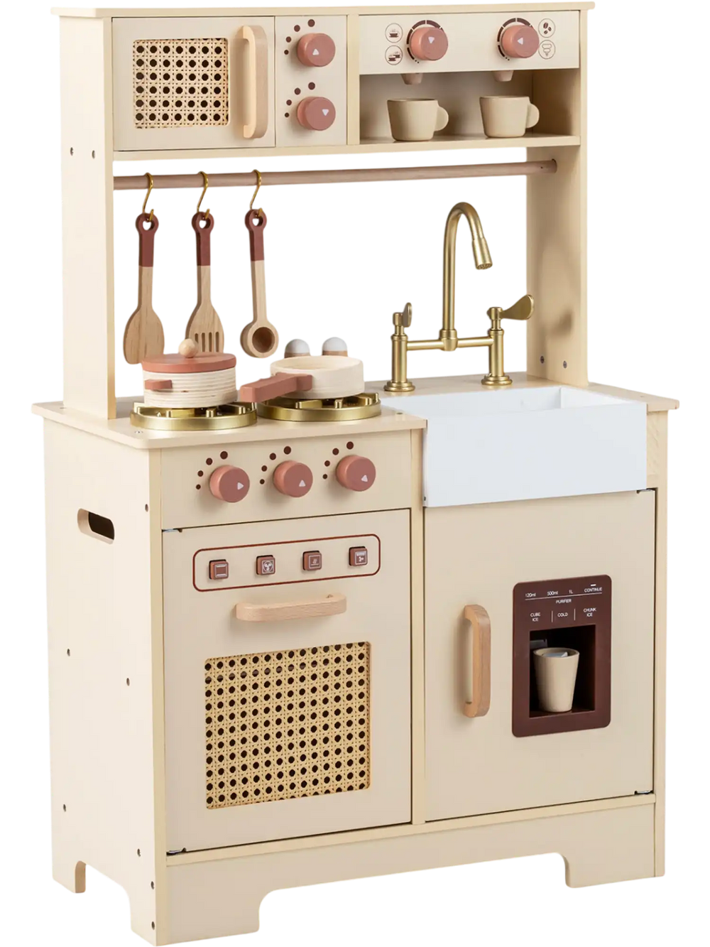 Detailed view of the Chef Pretend Play Kitchen's stovetop with realistic knobs, lights, and sounds for immersive play.