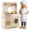 Kids' pretend play kitchen in yellow with realistic lights, sounds, and interactive features for imaginative cooking.