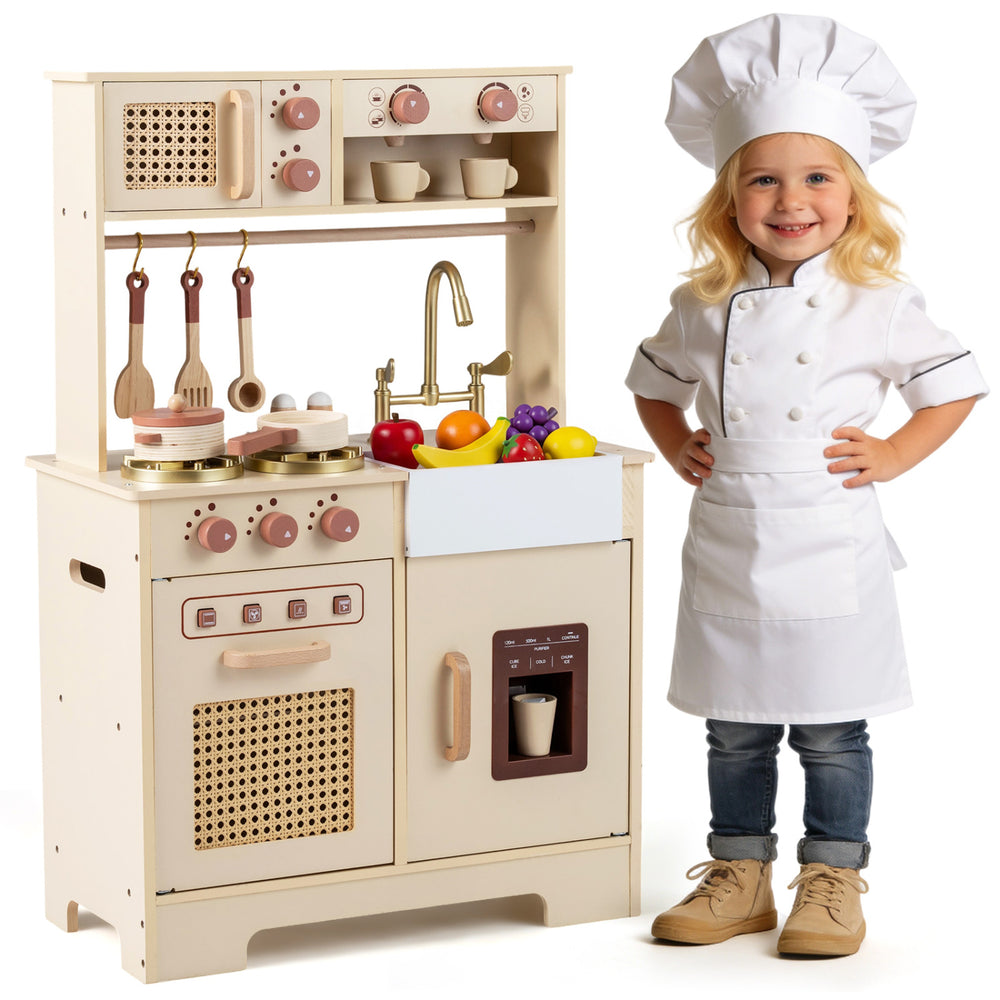 Kids' pretend play kitchen in yellow with realistic lights, sounds, and interactive features for imaginative cooking.