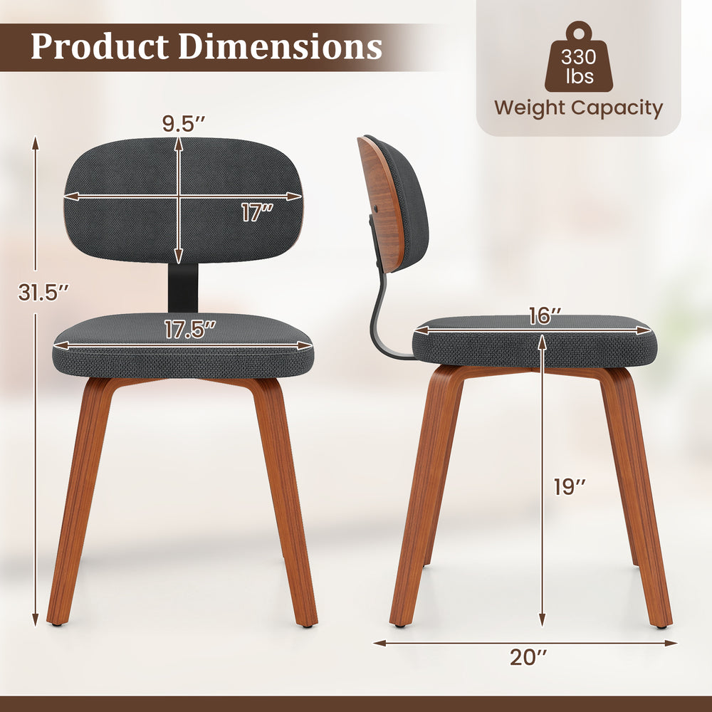 Dark gray chenille fabric upholstered kitchen chair with ergonomic backrest and wooden legs, dimensions displayed for.