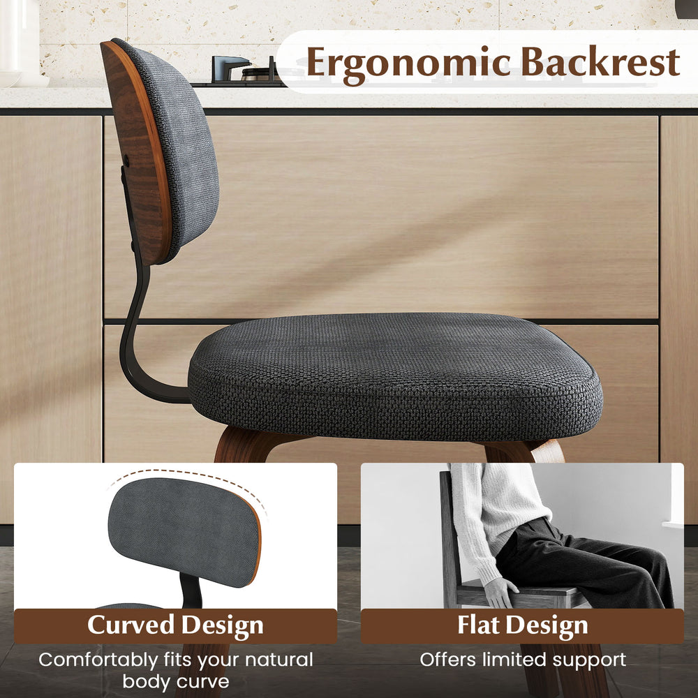 Curved ergonomic backrest of dark gray chenille fabric kitchen chair, designed for comfort and support in dining areas.