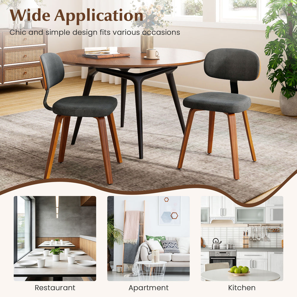 Single dark gray chenille fabric kitchen chair featuring a curved ergonomic backrest and sturdy wooden legs for comfort.