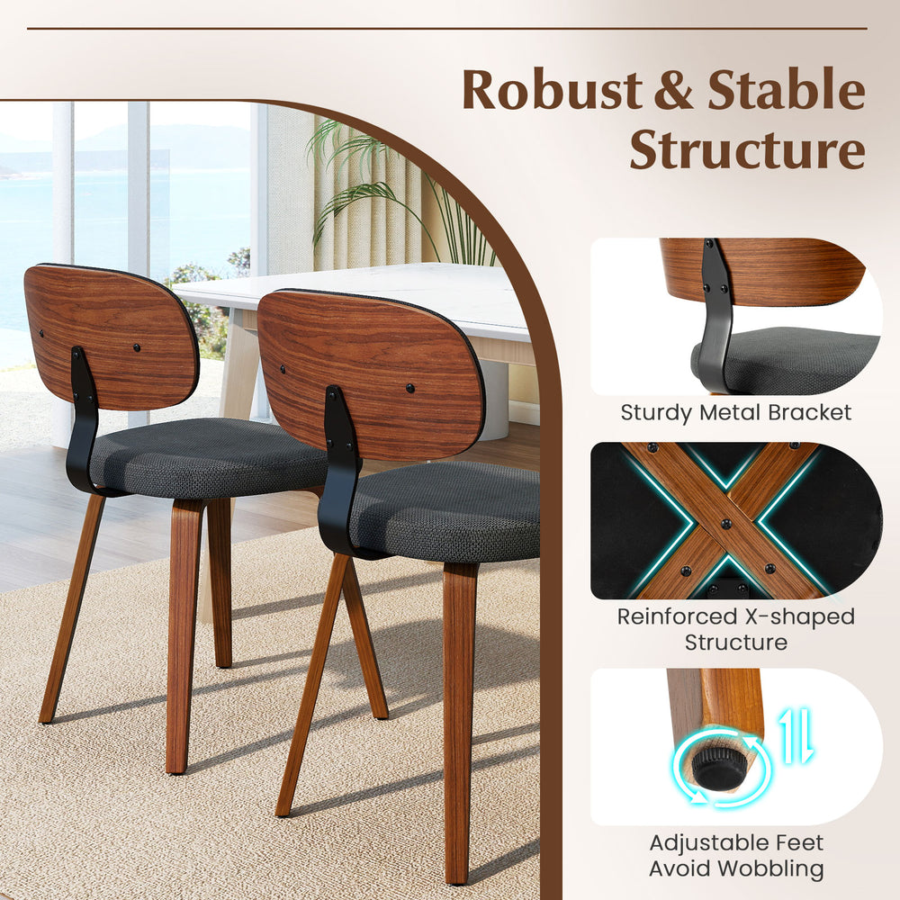Set of 2 dark gray kitchen chairs with ergonomic backrest, sturdy metal bracket, and adjustable feet for stability.