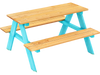 Children's outdoor wooden table with blue legs, made of fir wood, perfect for play and learning in gardens or patios.