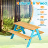 Children's outdoor wooden table with blue accents, made of natural fir wood, suitable for indoor and outdoor use.
