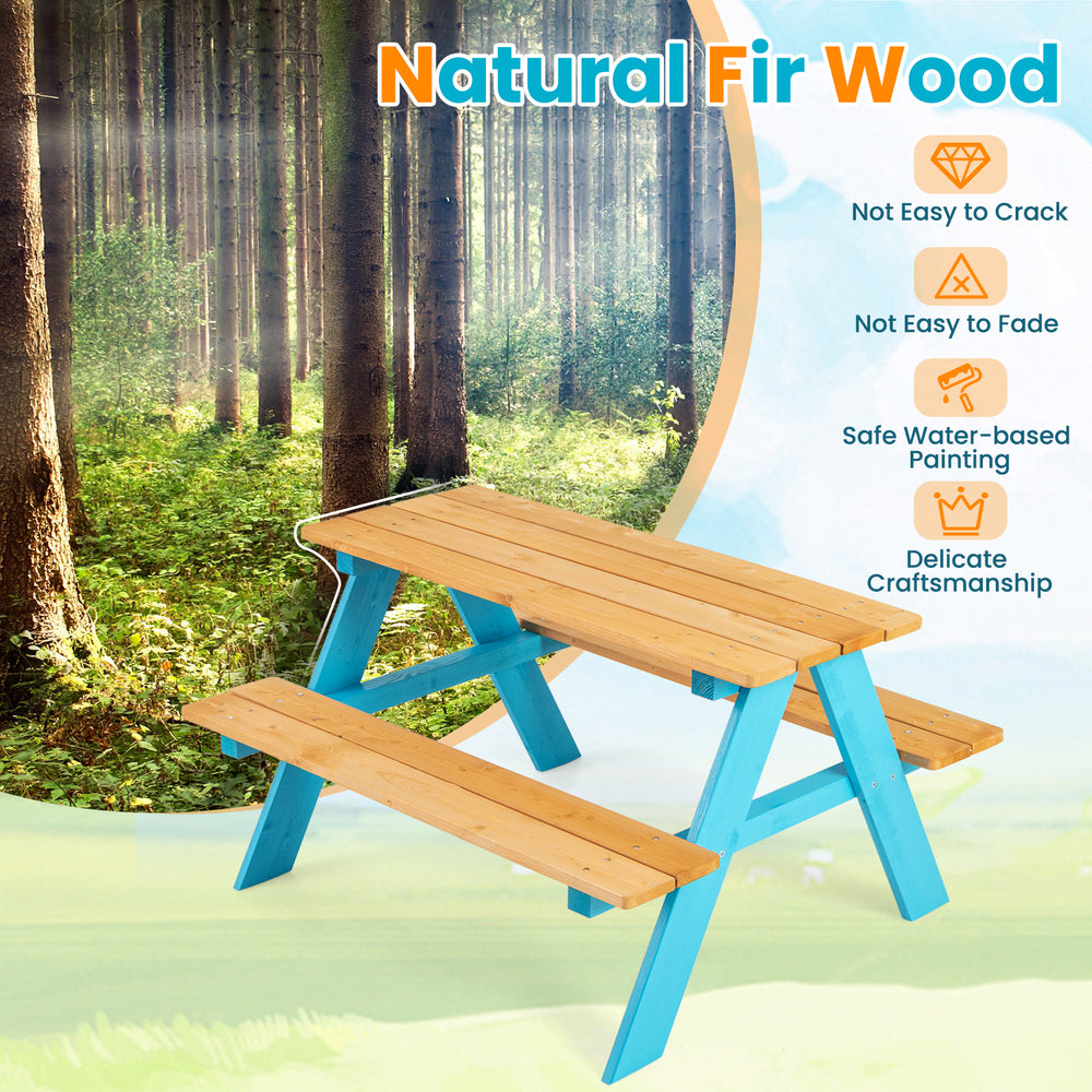 Children's outdoor wooden table with blue accents, made of natural fir wood, suitable for indoor and outdoor use.