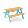 Children's outdoor wooden table with turquoise benches, made of fir wood, ideal for play and learning activities.