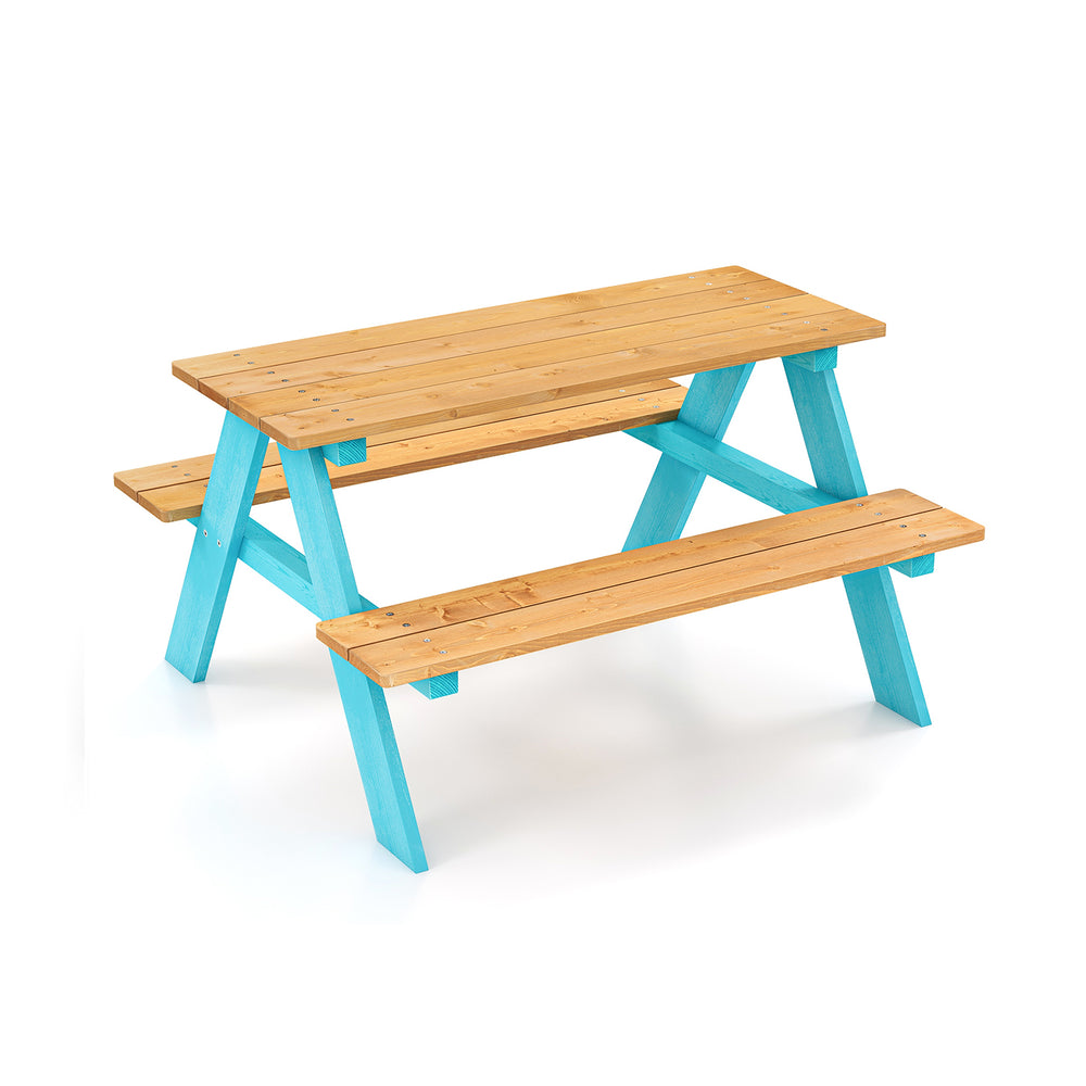 Children's outdoor wooden table with turquoise benches, made of fir wood, ideal for play and learning activities.