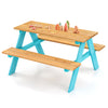 Children's outdoor wooden table with turquoise legs, ideal for play and learning, accommodating up to 4 kids.