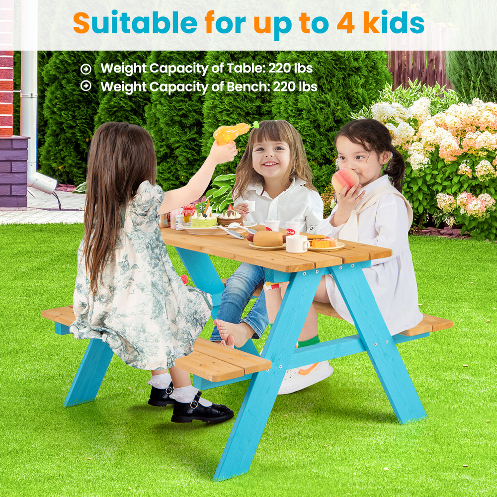 Children enjoying snacks at a colorful outdoor wooden table with bench seats, suitable for up to 4 kids.
