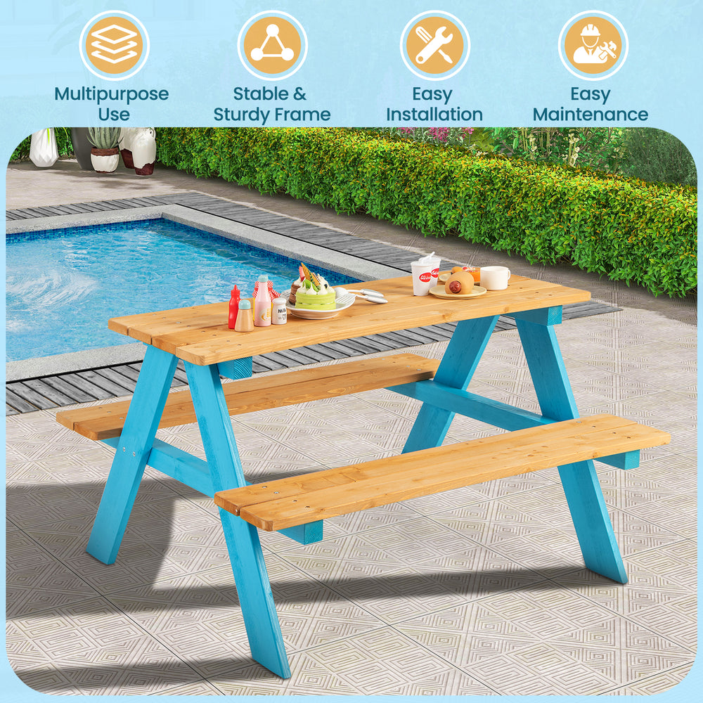 Children's outdoor wooden table with bench seats, made of fir wood, ideal for indoor and outdoor use, accommodates up.