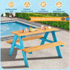 Children's outdoor wooden table with blue legs and natural wood top, perfect for play and activities in backyards or.