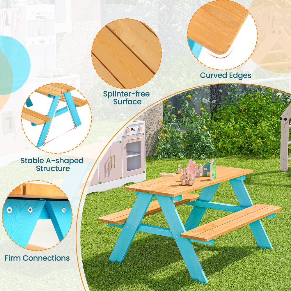 Children's outdoor wooden table with bench seats, made of fir wood, featuring splinter-free surface and stable.