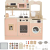 Children's pretend toy kitchen playset in pink with light and sound, featuring stoves, microwave, and 25 accessories.