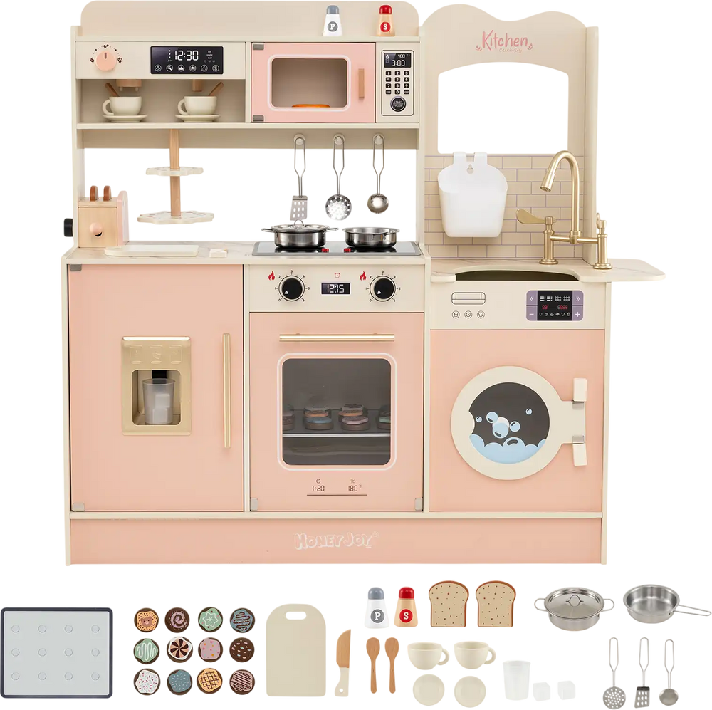 Children's pretend toy kitchen playset in pink with light and sound, featuring stoves, microwave, and 25 accessories.