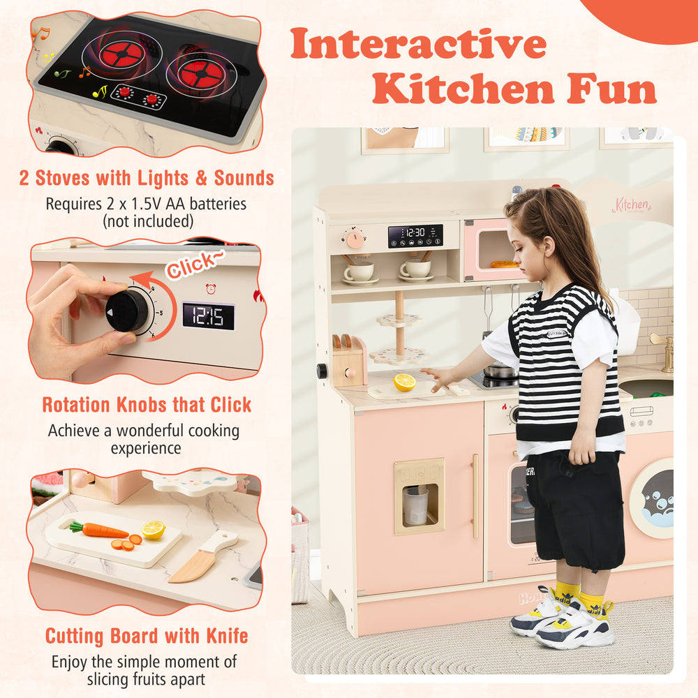 Children's pretend toy kitchen playset in pink with stoves, cutting board, and interactive features for imaginative.