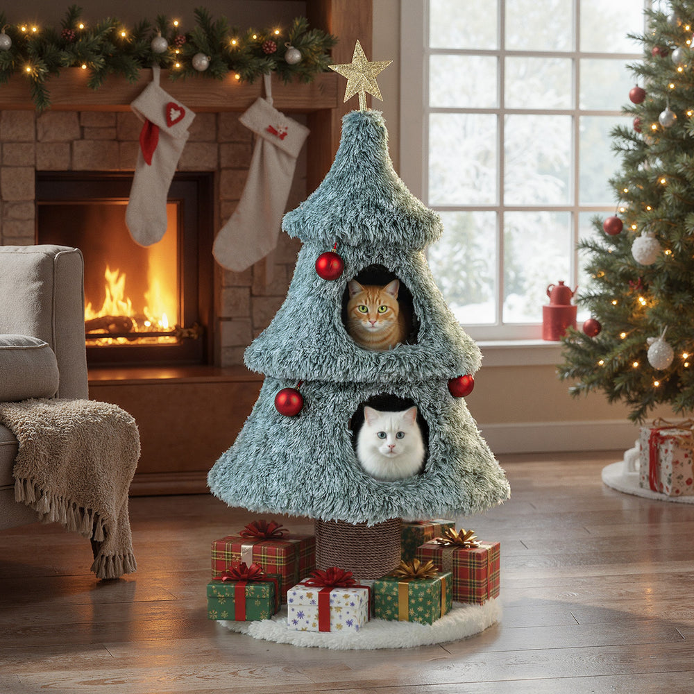 Christmas cat tree with plush green design, two condos, and scratching post for indoor cats, perfect for festive fun.