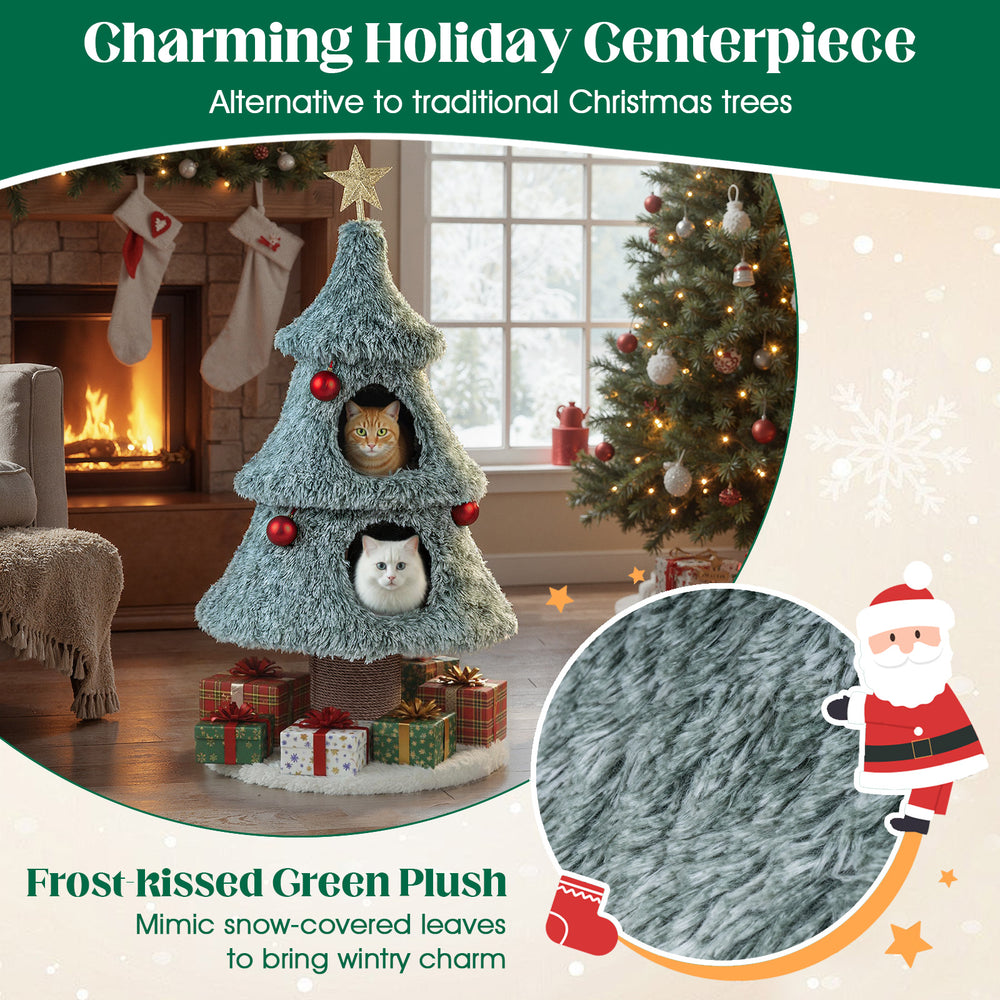 Christmas cat tree with frost-kissed green plush, featuring 2 large condos and a sturdy scratching post for indoor cats.