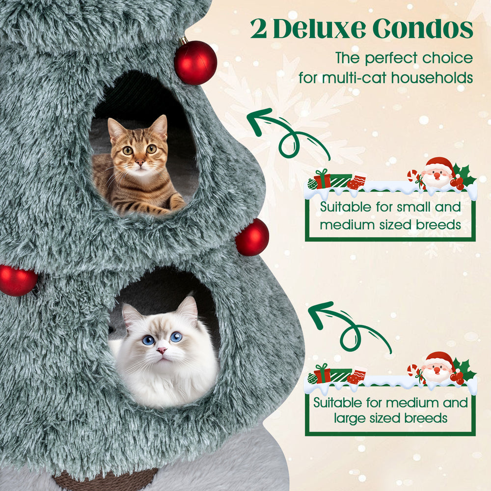 Christmas cat tree with two large condos, green plush design, perfect for multi-cat households and indoor play.
