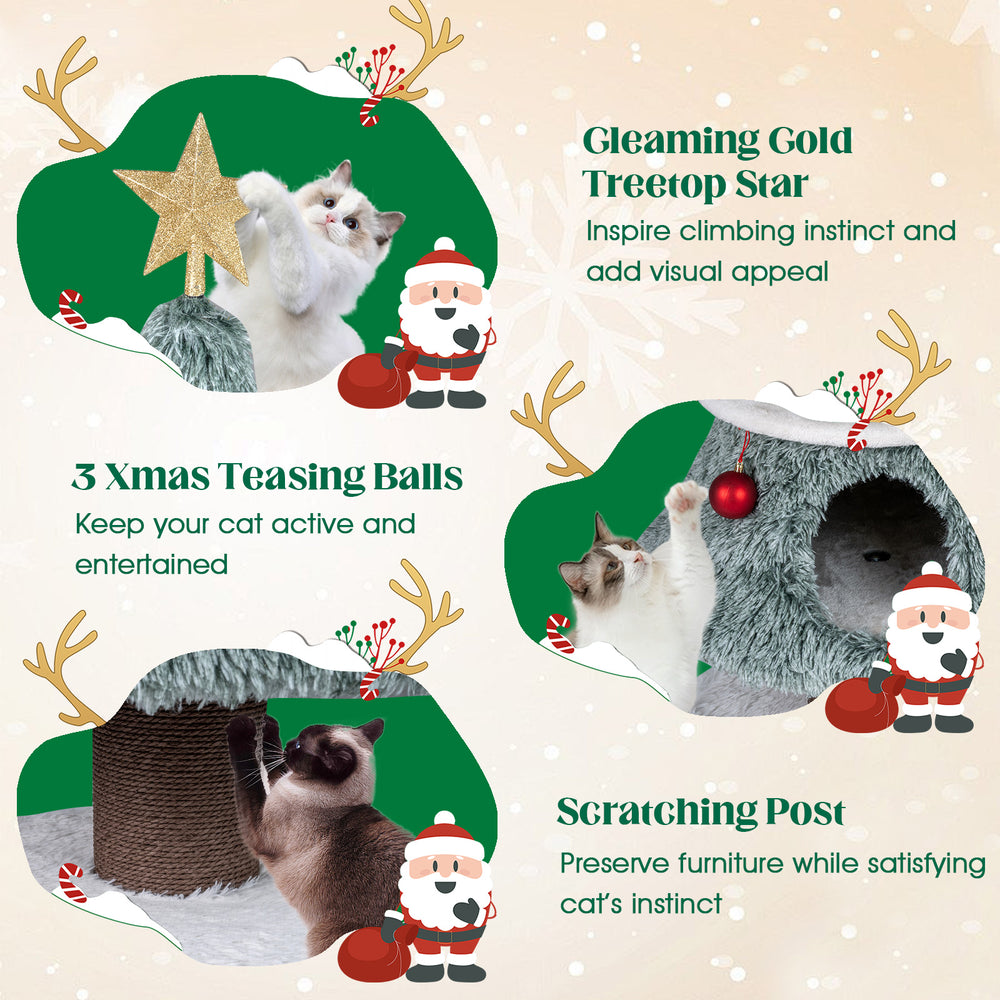 Christmas cat tree featuring a green plush design, large condos, scratching post, and festive decorations for indoor.