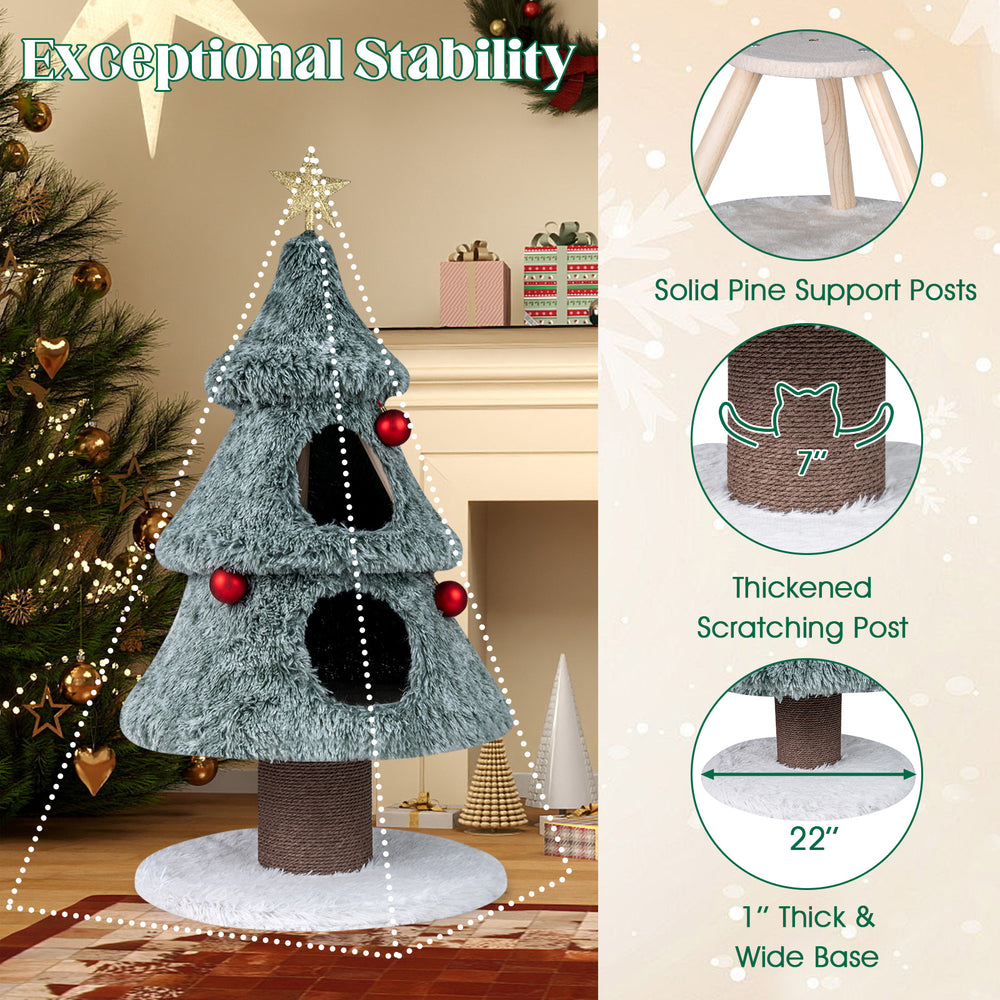 Christmas cat tree with green plush, 2 condos, thick scratching post, and festive design for indoor cats.