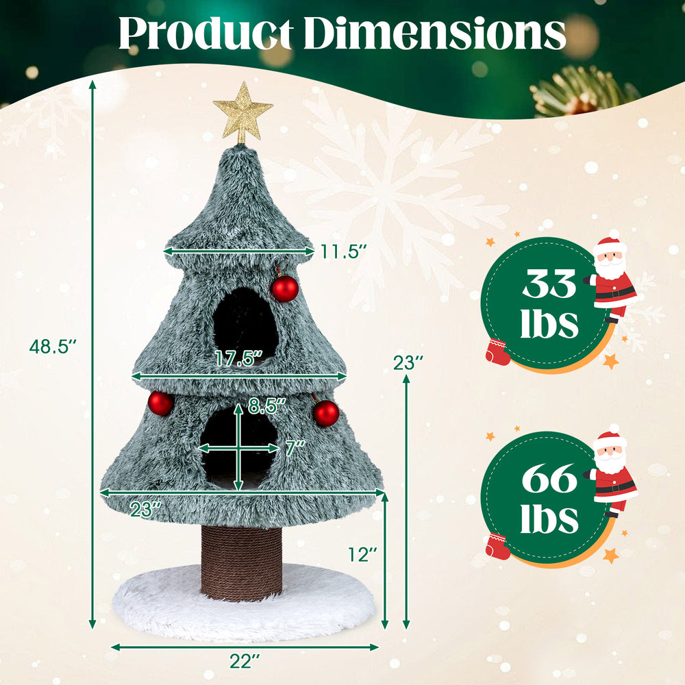 Christmas cat tree with plush green design, 48.5 inches tall, featuring two condos and a sturdy scratching post.