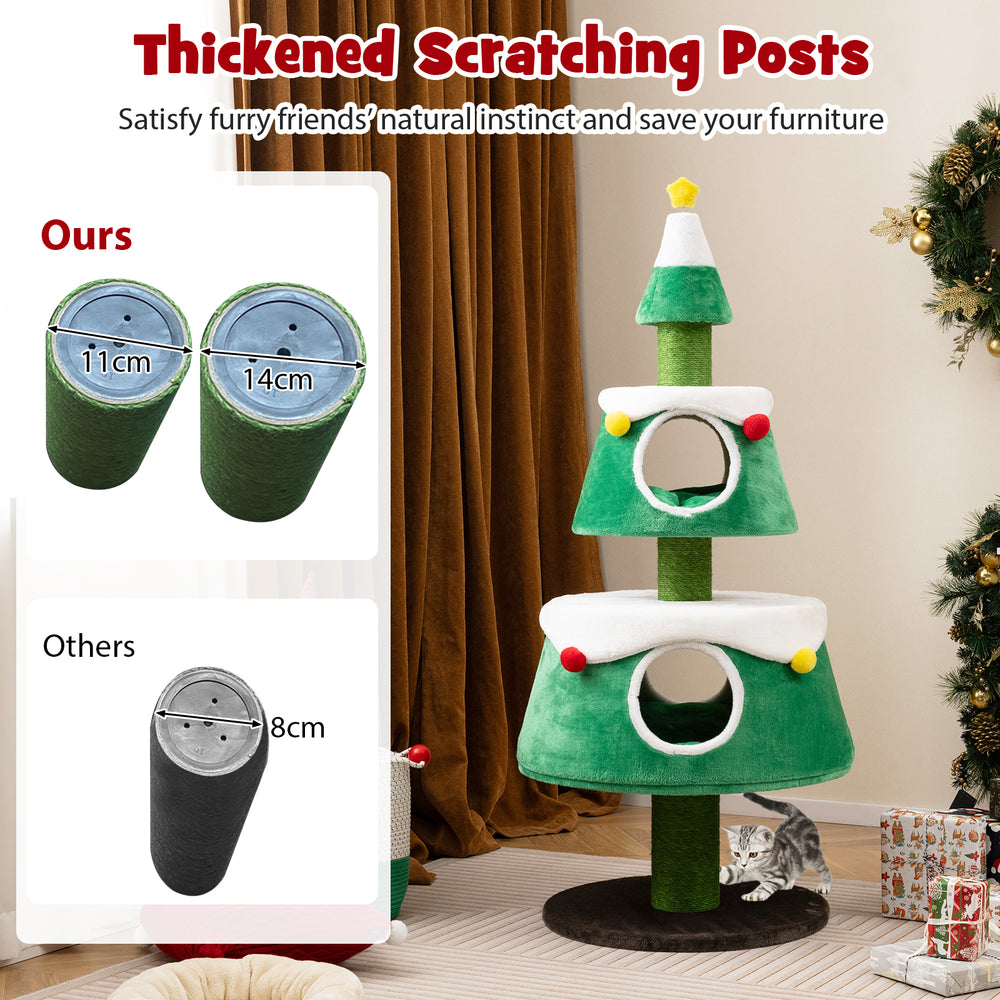 Christmas cat tree in green with thickened scratching posts and double condos for cozy feline relaxation.