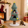 Christmas cat tree in green with two condos, scratching post, and festive decorations for cozy feline fun.