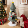 Christmas cat tree in green features a sturdy base, two cozy condos, and festive decorations for playful holiday lounging.