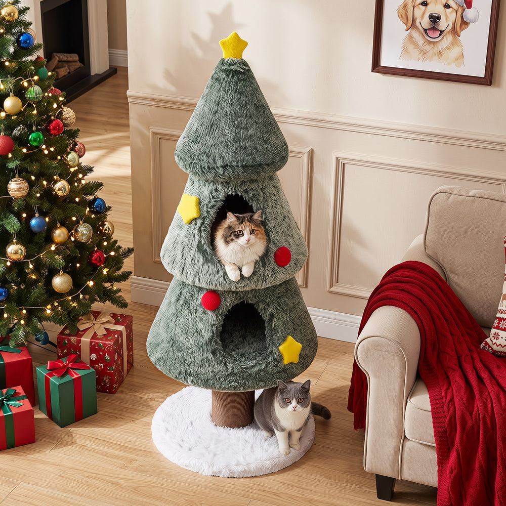Christmas cat tree in green features a sturdy base, two cozy condos, and festive decorations for playful holiday lounging.