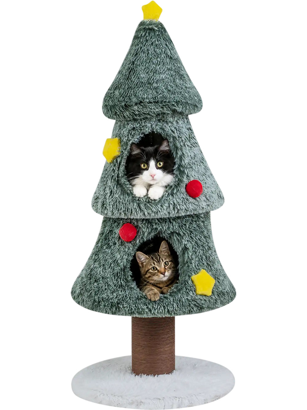 Christmas cat tree in green showcases two cozy condos and a sturdy scratching post for playful holiday lounging.