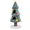Christmas cat tree in green with two condos, scratching post, and decorative stars for festive feline fun.