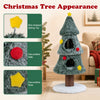 Christmas cat tree in green with two condos, decorative stars, and a scratching post for festive feline fun.