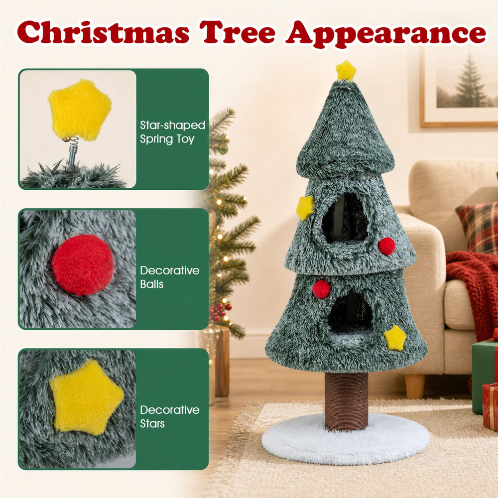 Christmas cat tree in green with two condos, decorative stars, and a scratching post for festive feline fun.