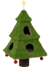 Christmas-themed cat tree in green with multi-level hideouts, scratching post, and dangling ornaments for playful exploration.