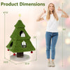 Product dimensions of the green Christmas cat tree with cozy hideouts, scratching post, and playful dangling balls.