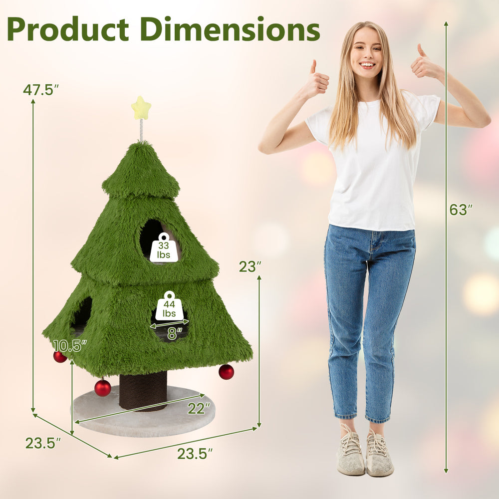 Product dimensions of the green Christmas cat tree with cozy hideouts, scratching post, and playful dangling balls.