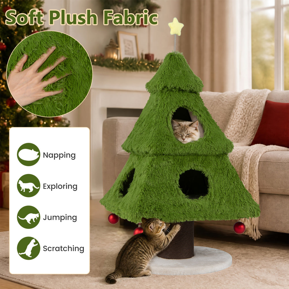 Christmas cat tree in green with soft plush fabric, private hideouts, and scratching post for festive feline fun.