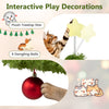 Interactive Christmas cat tree featuring plush decorations, dangling balls, and a sturdy scratching post for feline fun.